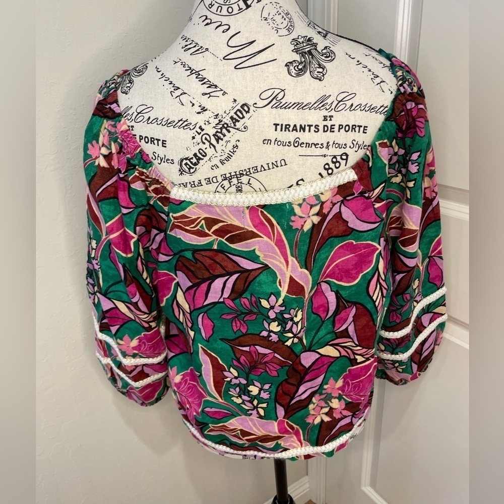 Cynthia Rowley Floral Off-Shoulder Linen Top - Pink and Green Size Large. - Picture 3 of 10